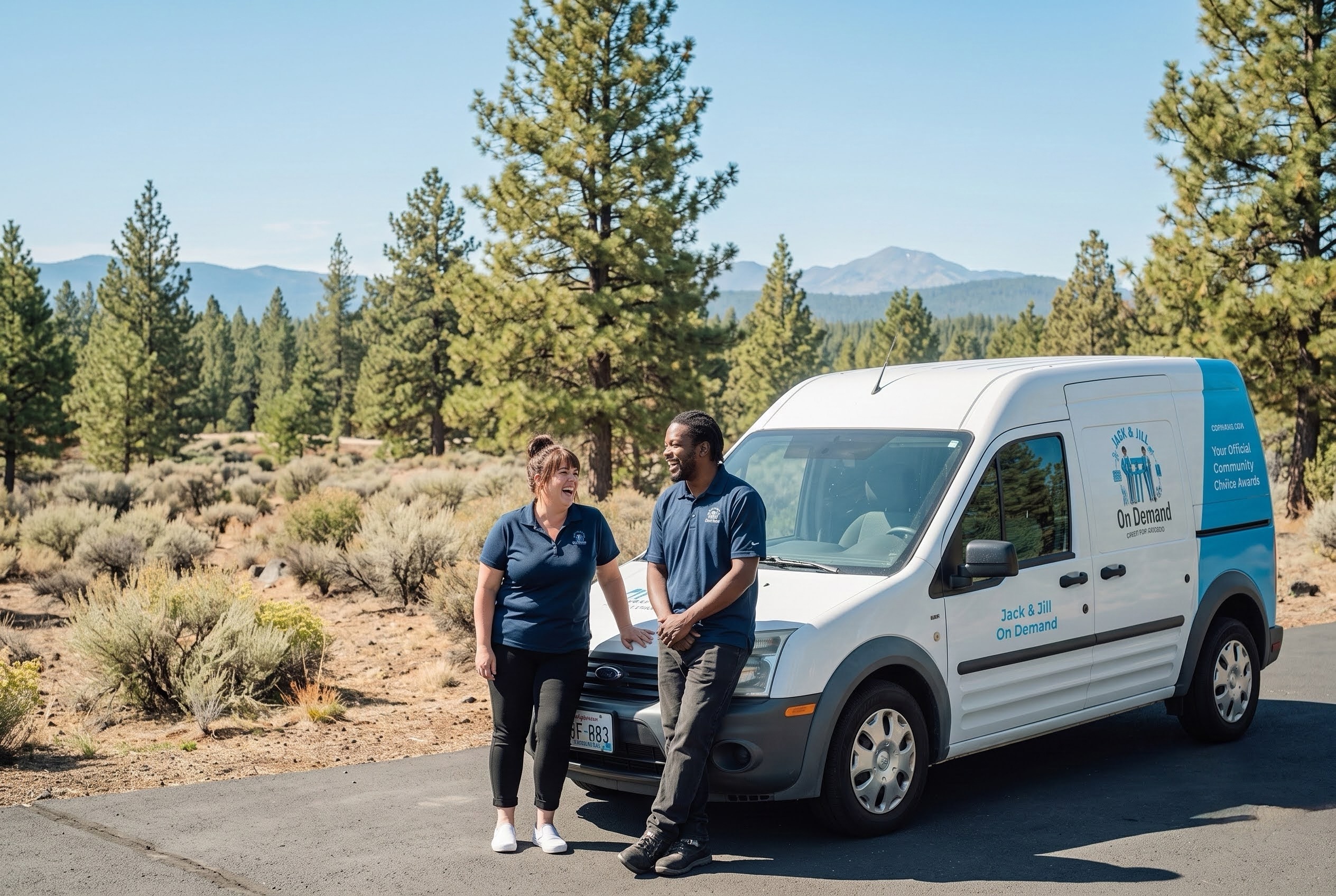 The Jack & Jill On Demand crew and company van on a Central Oregon property